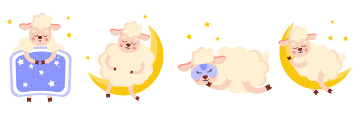 Set of sleeping sheep on crescent moon in cartoon style. Vector illustration of cute sheep sleeping in different poses in bed, on a moon, in a night mask, yellow stars isolated on a white background.