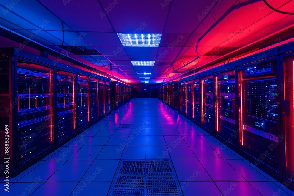 Poster Futuristic Glowing Red And Blue Server Room With Rows Of Supercomputers
