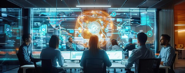 Fintech innovation hub, digital hologram collaboration, hightech office