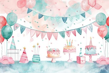 Whimsical watercolor birthday party scene with cake, balloons, and festive decorations in pastel colors.