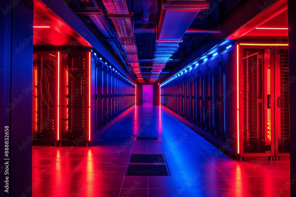 Poster futuristic server room with red and blue neon lights illuminating the aisles between tall racks of s