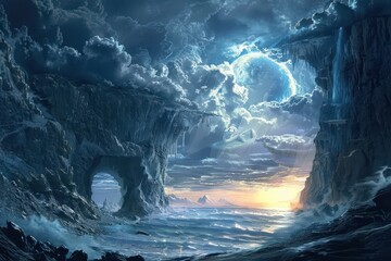 Mysterious icy cliffs and a distant moon over a frozen sea