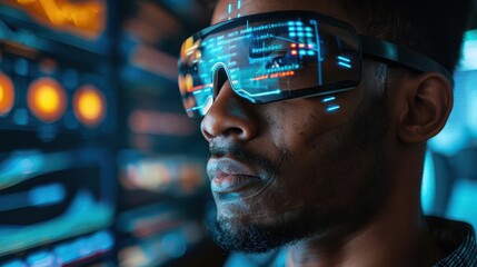 Futuristic development tools, augmented reality coding, innovative tech lab