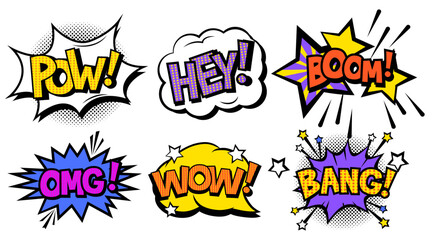Set of colorful pop art inscriptions in the cartoon style.Vector illustration of vintage speech bubbles of different shapes in pop art style:pow,hey,boom,omg,wow, bang isolated on white background.