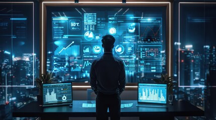 Holographic financial forecasting, futuristic fintech innovation, modern office