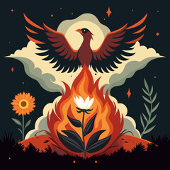 Obraz premium Symbolic Image Depicting Death and Rebirth with a Phoenix Rising from Ashes and a Blooming Flower