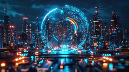 Fototapeta premium Holographic investment dashboard, futuristic cityscape, fintech innovation