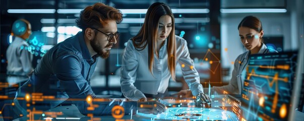 Startup team, holographic financial planning, futuristic office environment