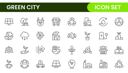 Line icons about green city. Sustainable development. Contains such icons as renewable energy, autonomous building, air and water quality.