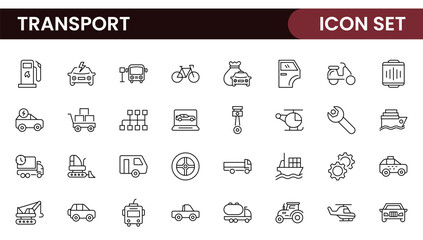 Transport icon set. Containing distribution, shipping, transportation, delivery, cargo, freight, route planning, supply chain, export and import icons. Solid icon collection.