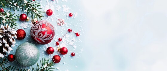  Red and silver ornaments, plus pine cones, against a light blue backdrop featuring snow flakes and more pine cones on the left; a solitary pine cone on the right