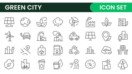 Line icons about green city. Sustainable development. Contains such icons as renewable energy, autonomous building, air and water quality.