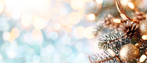  A tight shot of a pinecone on a Christmas tree against a backdrop of a basketful of twinkling lights