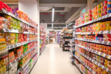 Supermarket aisle with colorful shelves. Abstract defocused as background.