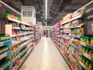 Supermarket aisle with colorful shelves and shoppers. Abstract blur as background.