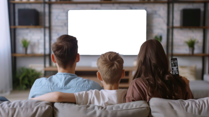 Family with remote control sitting on couch and watching TV at home, Rear view, Blank white TV Screen