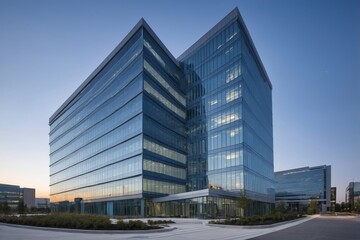 Sleek modern office building with glass facade in soft light of twilight