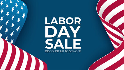 Labor Day Sale. United States Labor Day commercial banner with waving American flag. Blue background. Vector illustration.