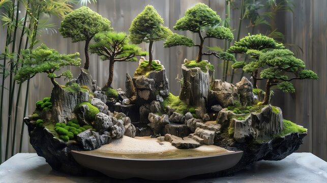 A small garden with a pond and a few trees