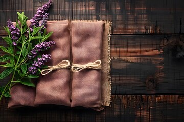Lavender Sachet with Purple Flowers on Rustic Wooden Table Aromatherapy Gift, Eco-Friendly Packaging