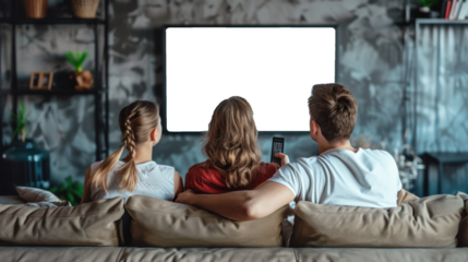 Family with remote control sitting on couch and watching TV at home, Rear view, Blank white TV Screen