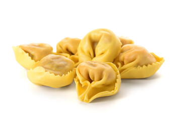 Raw dumplings on white background