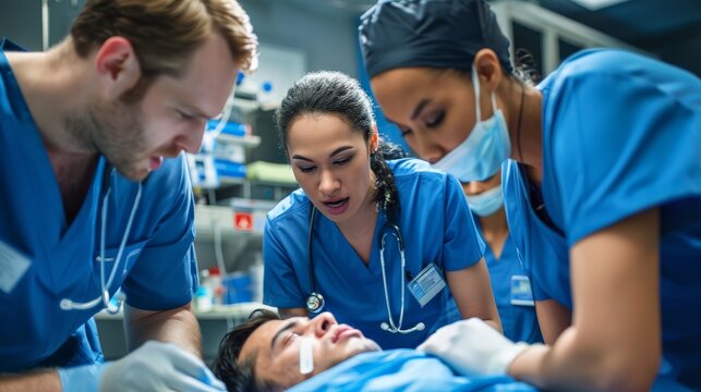 A medical team performing CPR on a patient in an emergency room, demonstrating critical care skills
