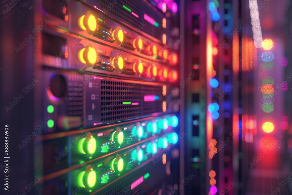 Poster Glowing server rack with colorful lights in a data center