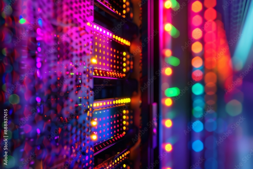 Poster Glowing server rack in data center with blurred colorful bokeh lights
