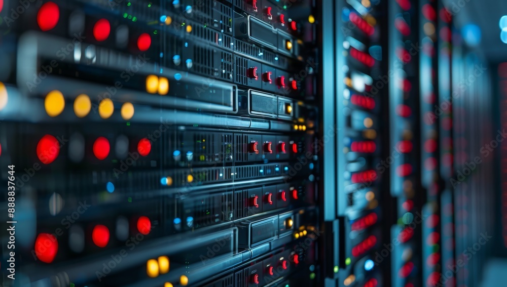 Poster futuristic data center with rackmounted servers and blinking lights