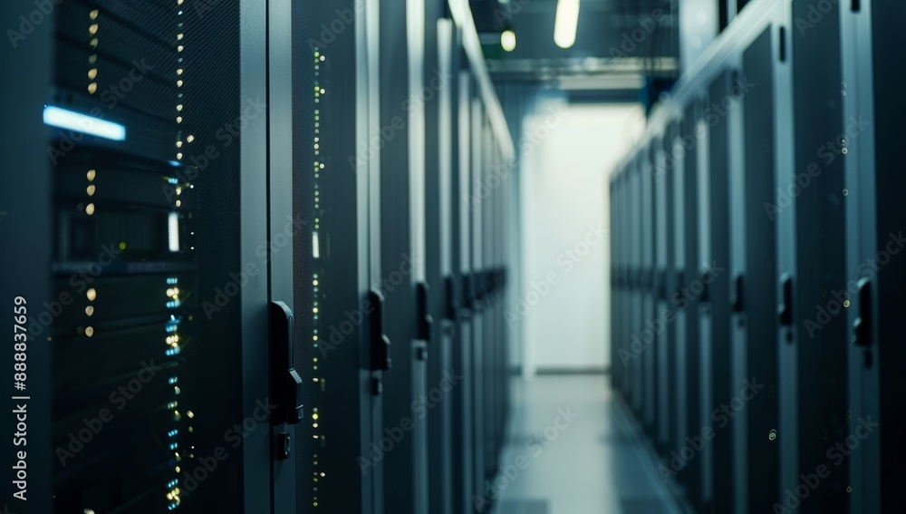 Aufkleber rows of server racks with green and blue indicator lights in a modern data center