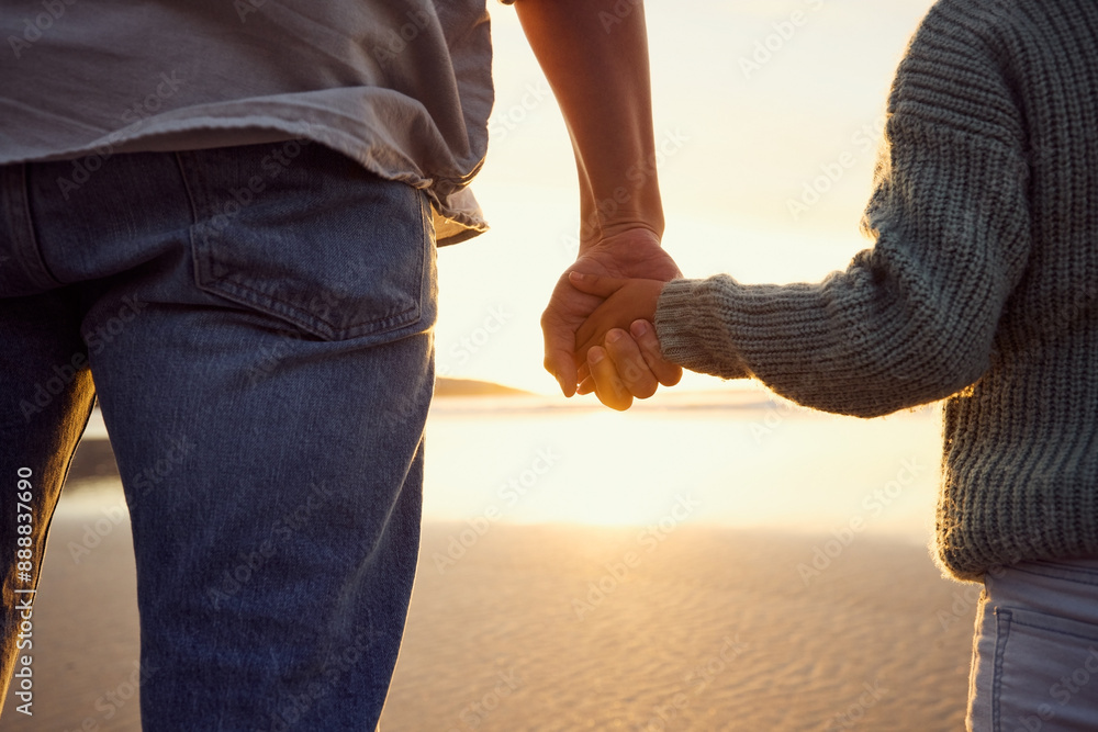 Wall mural Father, child and holiday hands by the beach with love, support and parent care by the sea. Sunset, back and security in nature with travel, youth and protection by ocean in Australia with trust