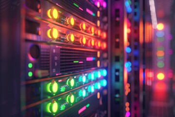 Obraz premium Glowing server rack with colorful lights in a data center