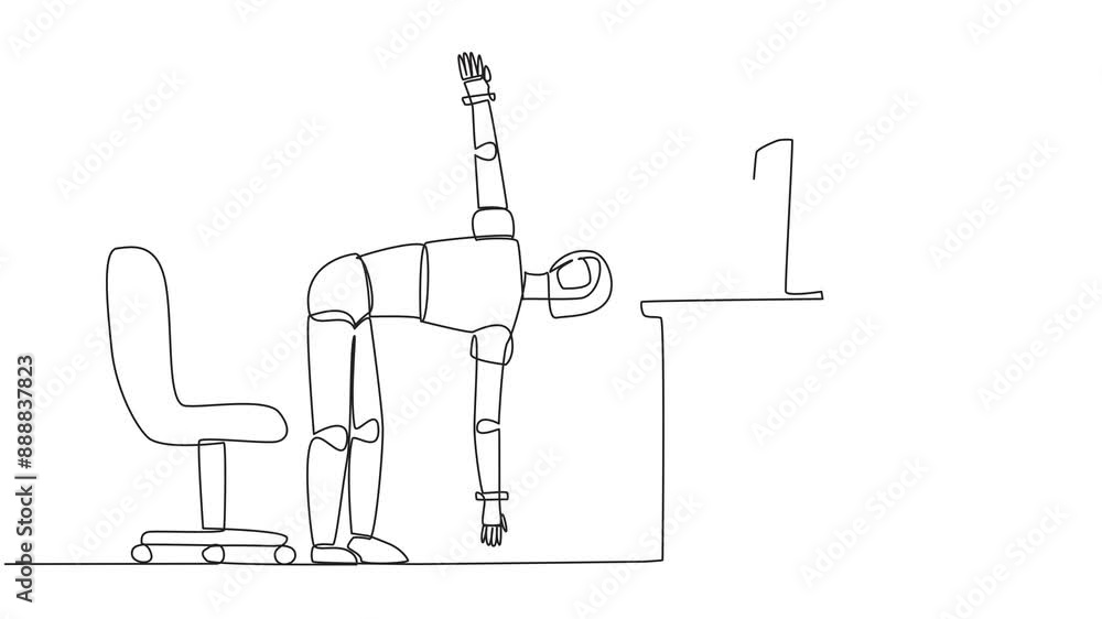 Poster self drawing animation single one line drawing robot stands with one hand raised and the other hand 