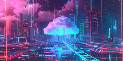 Futuristic Cityscape with Glowing Cloud and Neon Lights