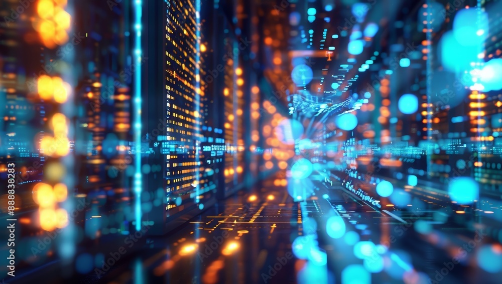Poster Futuristic data center with glowing servers and digital information flow
