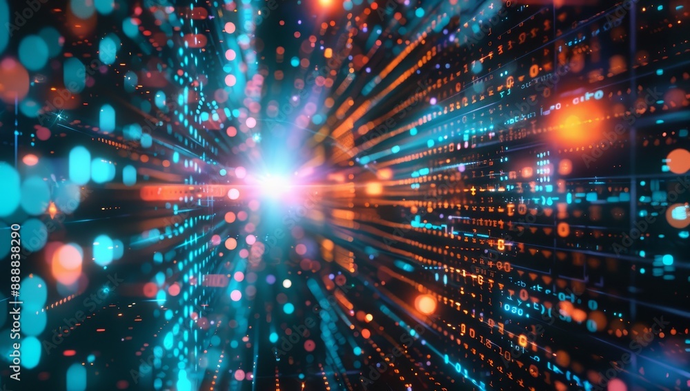 Poster Binary data tunnel with glowing particles