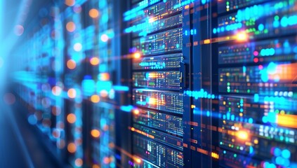 Glowing Server Racks with Blue Light Effects in a Data Center