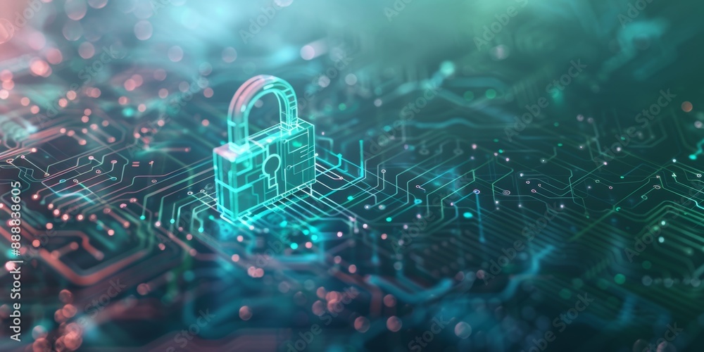 Poster Glowing padlock on a circuit board representing data security and privacy