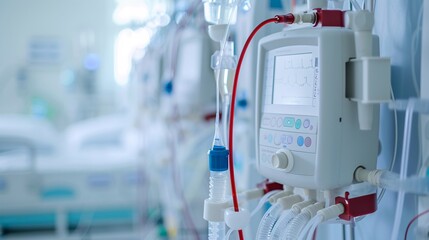 An impactful depiction of renal failure treatment, featuring dialysis and medication