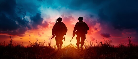 Fototapeta premium Two soldiers, silhouetted against the sunset, stand in a field