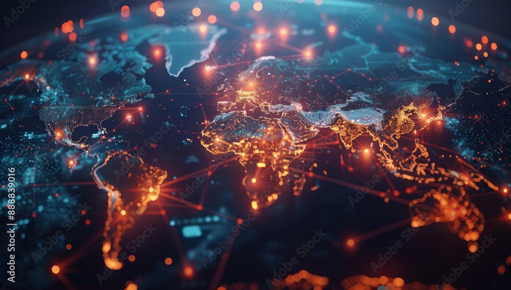 Aufkleber Glowing orange and blue world map with glowing nodes and connection lines representing a global network