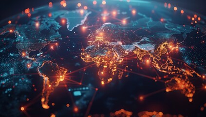 Glowing orange and blue world map with glowing nodes and connection lines representing a global network