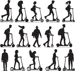 People men women and children riding kick electric urban scooter vector silhouette collection © jobaida