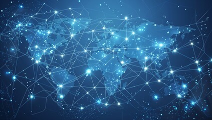 Glowing blue world map with glowing dots and connection lines on dark blue background