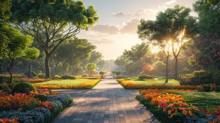 Tranquil Pathway Through a Sunlit Garden