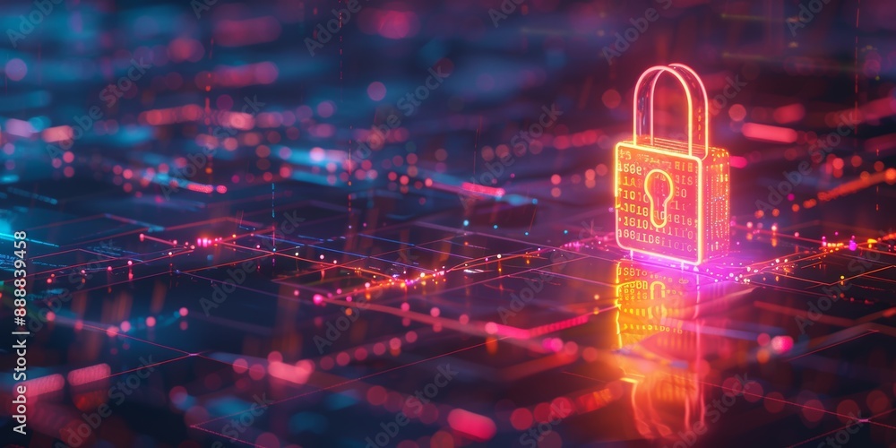 Poster Glowing neon orange padlock over glowing blue circuit board with binary code
