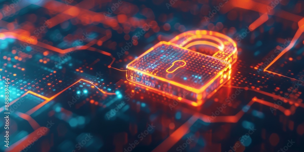 Poster Glowing padlock over circuit board with binary code
