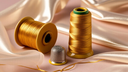 Gold thread spool and thimble on chiffon fabric, Luxurious gold thread on fabric, A spool of gold thread