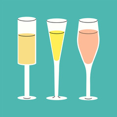 Three glasses of champagne, each with a different colored beverage